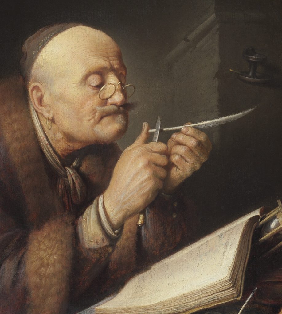 Gerrit Dou, Scholar Sharpening His Quill (c. 1632–1635), illustrating editorial work and humanist scholarship