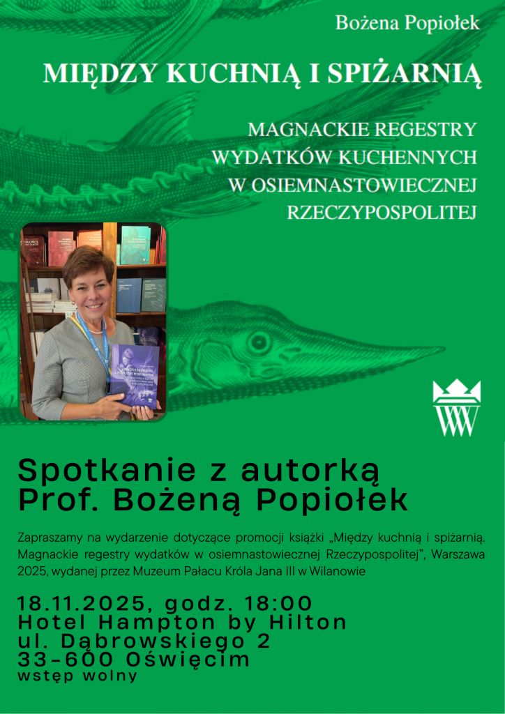 Book launch poster: Bożena Popiołek, Between the Kitchen and the Pantry, Oświęcim 2025