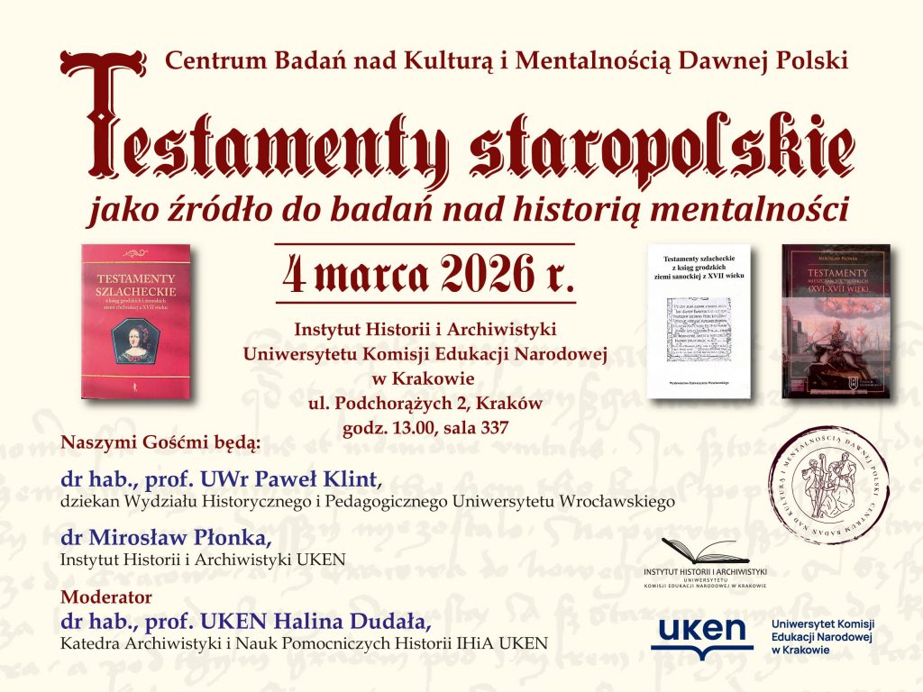 Conference poster: Testamenty staropolskie – discussion meeting on early modern Polish wills, Krakow March 2026